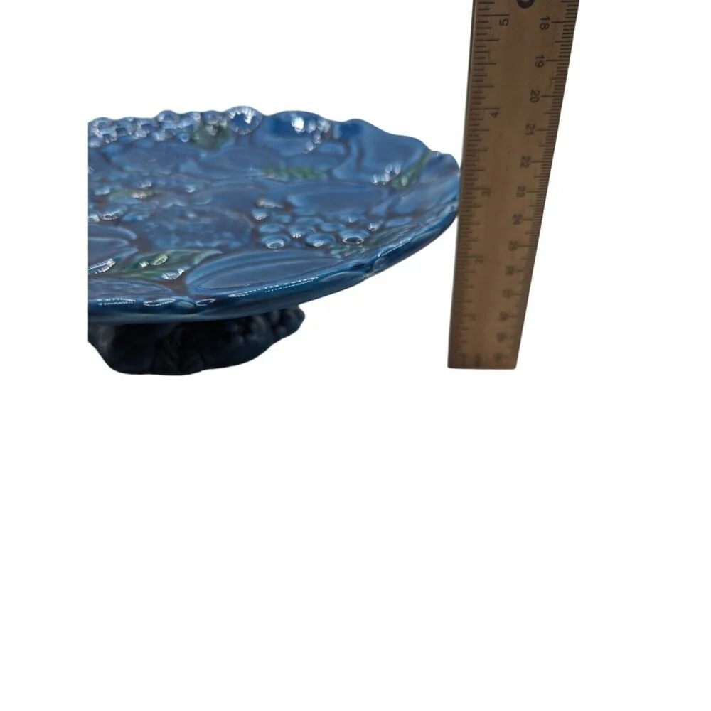 Vintage MCM Inarco Blue Mood Pedestal Cake Plate Dessert Tray Textured Fruit